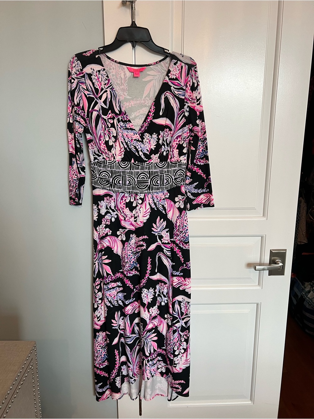 Lilly Pulitzer Black Maxi Dress with Pink Floral Print